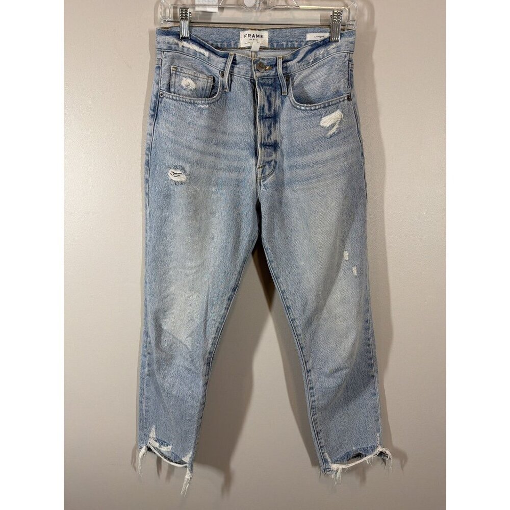 Frame Le Original Light Wash Blue Distressed Jeans Size 27 Raw Hem Button Fly